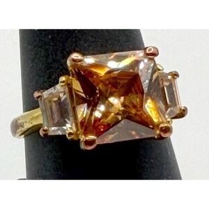 Citrine Color Square Statement Ring Gold Tone Size 8.75–9